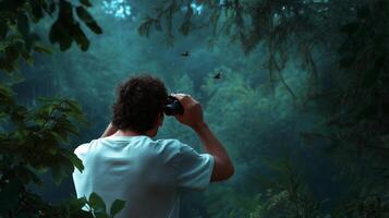 A man observing and photographing vibrant butterflies in a lush forest during early morning light photo