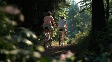 Two friends enjoying a leisurely bicycle ride through a serene forest trail during a sunny afternoon photo