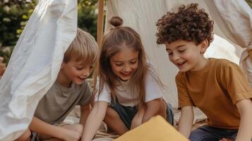Children explore and play in a homemade tent during a sunny afternoon in the backyard, sharing laughter and excitement photo