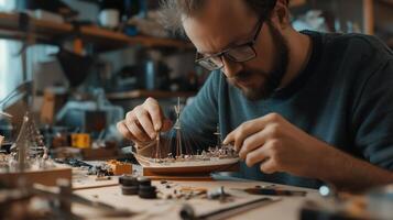 Craftsman carefully assembling a detailed ship model in a workshop surrounded by tools and materials during daylight hours photo