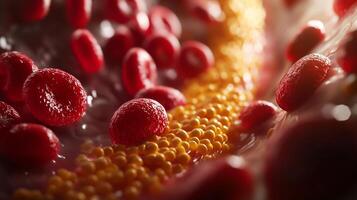 Close-up view of red blood cells flowing through an artery with plaque buildup in a human circulatory system photo