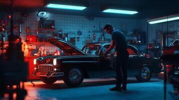 A mechanic repairs a classic car in a vibrant garage filled with tools and equipment during the evening hours photo