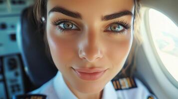 Young female pilot in uniform smiles confidently while seated in the cockpit of an airplane during a sunny day photo