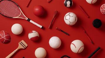 Collection of various sports balls and equipment arranged artistically on a vibrant red background for artistic display photo