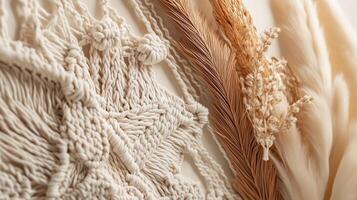 Textured macrame wall hanging with dried grass and decorative elements displayed in a cozy indoor setting photo