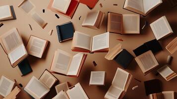Creative arrangement of floating books in mid-air with diverse cover designs and open pages showcasing printed text photo