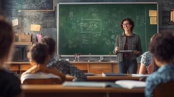 A teacher engages students in a dynamic classroom discussion about science concepts during a sunny afternoon in a high school photo