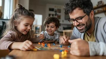 Family game night at home with kids enjoying board games while a father smiles, capturing a joyful moment of togetherness photo