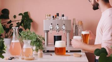 A man serves craft beverages from a home brewing station surrounded by greenery in a cozy kitchen setting photo