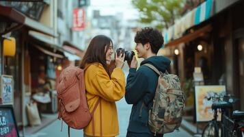 A young couple captures memories while exploring a vibrant street market in Japan, sharing laughter and creativity on a sunny afternoon photo