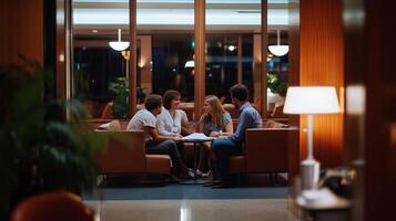 A group of friends engaged in a lively discussion at a modern lounge in the evening, surrounded by soft lighting and comfortable seating photo