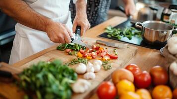 Chopping fresh vegetables and herbs in a bright kitchen while preparing a healthy meal photo