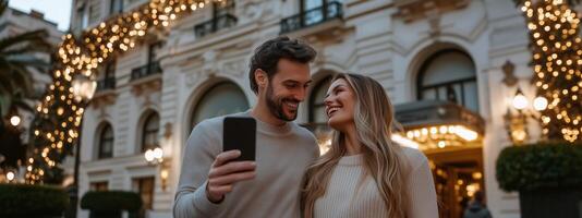 A couple enjoys a festive evening stroll near a beautifully decorated building adorned with holiday lights photo