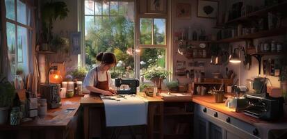 A woman sewing at a sunlit table in a cozy crafting room filled with plants and natural light in the afternoon photo