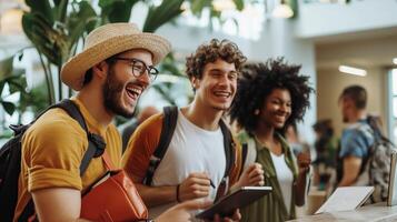Young adults enjoying a lively moment at a modern co-working space filled with greenery and vibrant energy during the day photo