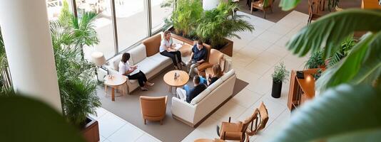 Team members collaborate in a modern office lounge surrounded by greenery during a productive afternoon meeting photo