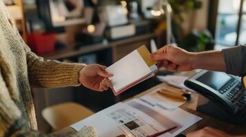 A person handing a document to another at a busy desk in a contemporary office setting on a sunny afternoon photo