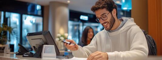 Smiling young man checking in at reception while using his phone in a modern hotel lobby at night photo