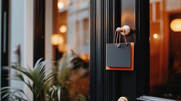 A charming storefront with an inviting door sign and warm lighting in the evening creating a welcoming atmosphere for customers photo