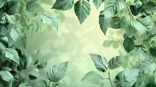 Lush green foliage forming a natural frame, enhancing a serene background filled with soft, diffused light in a tranquil setting photo