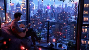 A musician enjoys a relaxing evening playing guitar while overlooking the vibrant city skyline at dusk from a cozy apartment balcony photo