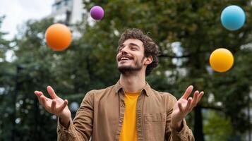 A young man joyfully juggling colorful balls in a park surrounded by lush greenery during a sunny day photo