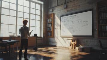 A student is engaged in a presentation while standing in a bright classroom filled with bookshelves and a large whiteboard photo