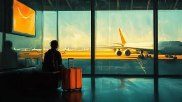 Traveling at sunset. A lone traveler waits by the window in an airport with colorful skies and aircrafts visible at dusk photo
