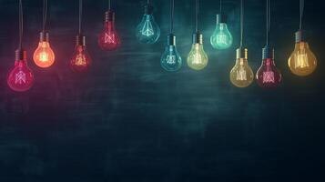 Colorful hanging lights illuminate a dark background in an artistic arrangement, creating a vibrant atmosphere for any space photo
