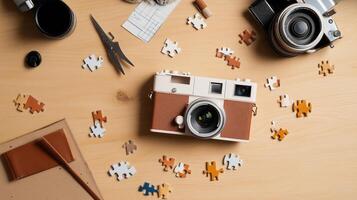 Vintage camera and puzzle pieces arranged on a wooden table with additional photography equipment nearby photo