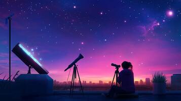 A person observes the starry night sky with telescopes on a rooftop at dusk in an urban environment photo