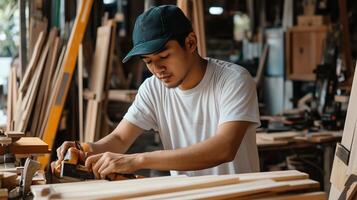 Craftsman working diligently in a woodshop, shaping wood with tools surrounded by various materials and workshop equipment photo