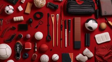 A vibrant arrangement of various sports equipment and accessories on a bold red background, showcasing items for multiple athletic activities photo