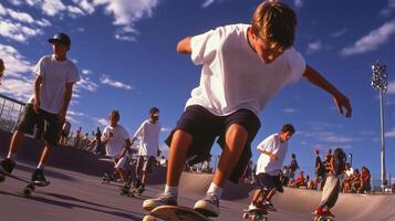 Young skaters practicing tricks at a vibrant skatepark during a sunny afternoon, surrounded by peers and blue skies photo
