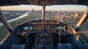 View from the cockpit of an aircraft flying over a cityscape at sunset, showcasing the skyline and rivers below photo