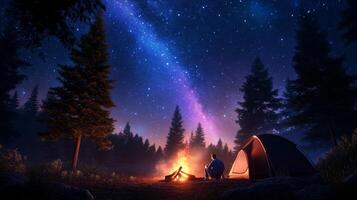 A serene camping experience under a starry night sky with a warm campfire and towering pine trees in the background photo