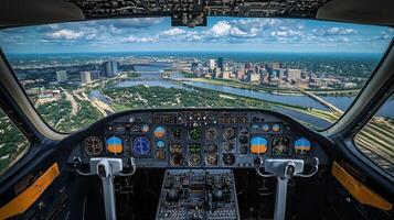Aerial view from the cockpit of an aircraft flying over a vibrant city skyline and winding river photo