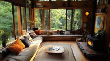 Cozy living room with large windows overlooking a serene forest, featuring comfortable seating and a warm fireplace photo