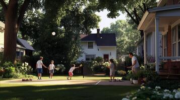 A sunny afternoon in the neighborhood as children play catch while adults enjoy leisure time in the backyard garden photo