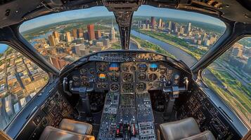 Aerial view from the cockpit of an aircraft flying over a vibrant cityscape during the day, showcasing the skyline and river photo