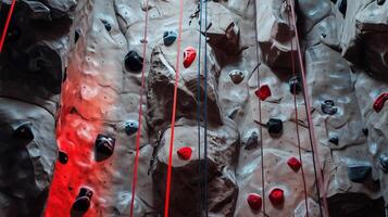 Indoor rock climbing wall with colorful holds and climbing ropes in a recreational center during the day photo