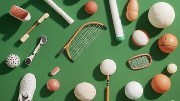 A collection of various sports equipment arranged on a green surface showcasing different balls and racquets in creative layout photo