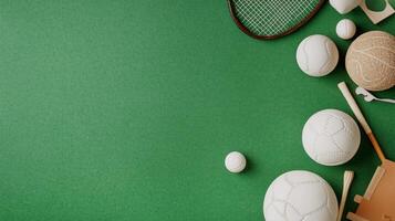 Various white sports balls and equipment arranged on a green surface creating an appealing sports-themed display photo