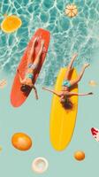 Two surfers enjoying a vibrant summer day on colorful boards in a sparkling blue pool surrounded by floating fruit photo