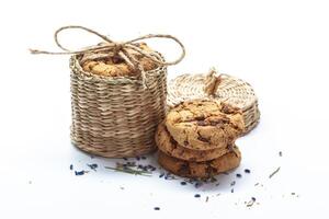 Chocolate chip cookie on white photo