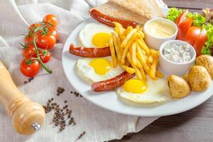 Fried eggs and fried sausage for breakfast photo