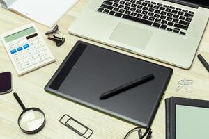 Working place of designer, close-up photo