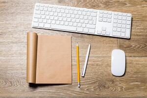 Working place on wooden table photo