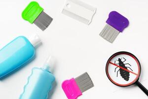 Tools for inspecting and treating lice infestations at home with a magnifying glass and a comb photo