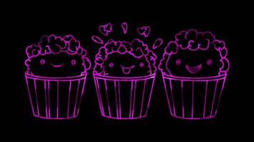 Neon frame effect, Popcorn - Indicates snacks or movie-related food on black background video